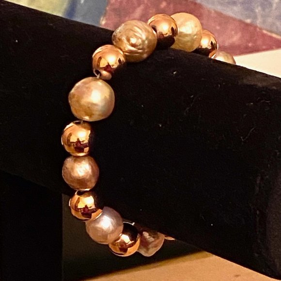 Radiant Honora Ming Pearl and Italian Rose Gold Bronze Bead Bracelet, 6.5" - Picture 5 of 13